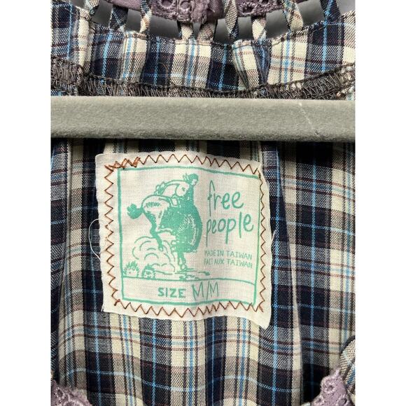 Free people Mini dress Womens medium Contrast Plaid Embroidered Mini Boho Blue - Picture 4 of 8